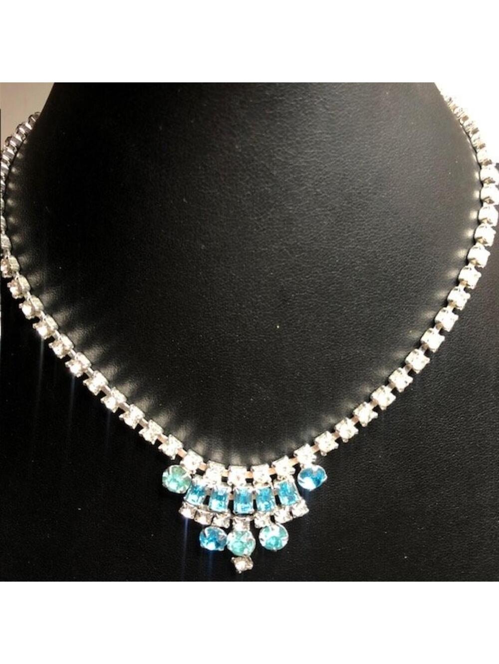 8836 Wiesner Necklace 15" Blue Rhinestone Silver Tone Vintage